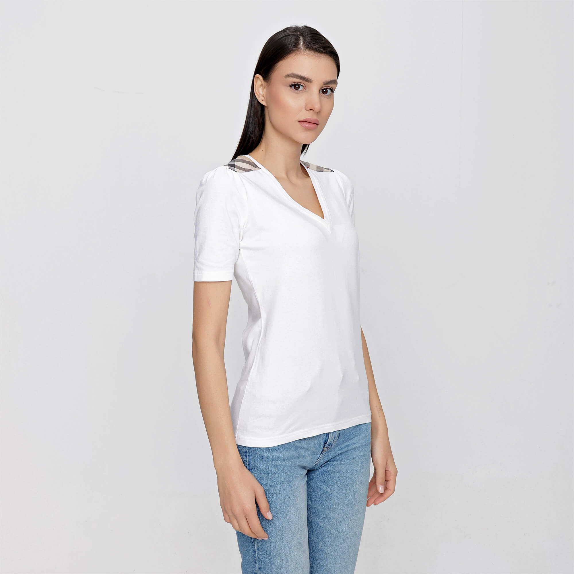 Burberry - White Cotton Iconic Check V Neck T-shirt